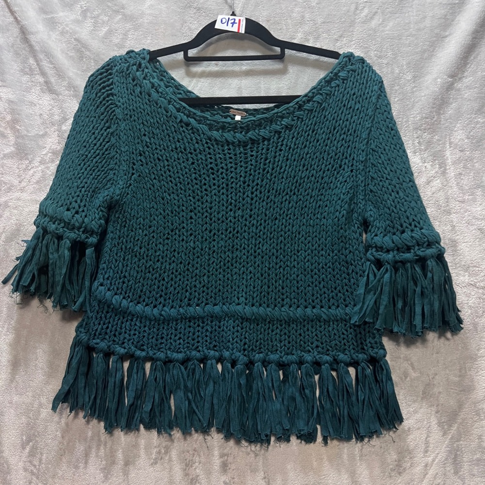 Free People Boho Teal Green Chunky Knit Fringe Sweater Boho Scoop Neck Size S - Picture 2 of 7